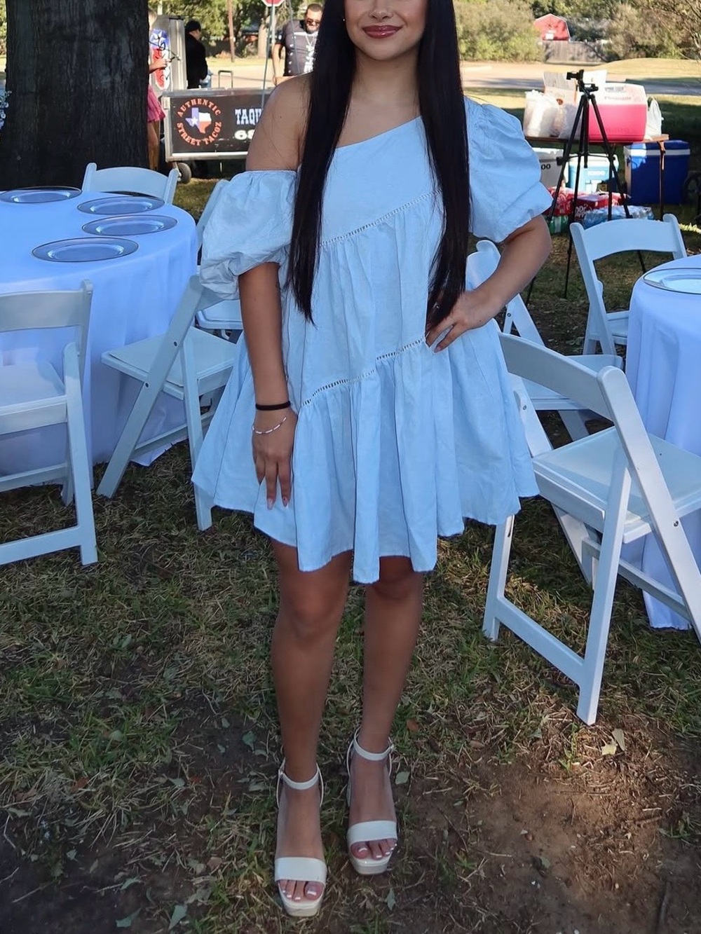 Showpo Light Blue One-Shoulder Puff Sleeve Tiered Mini Dress